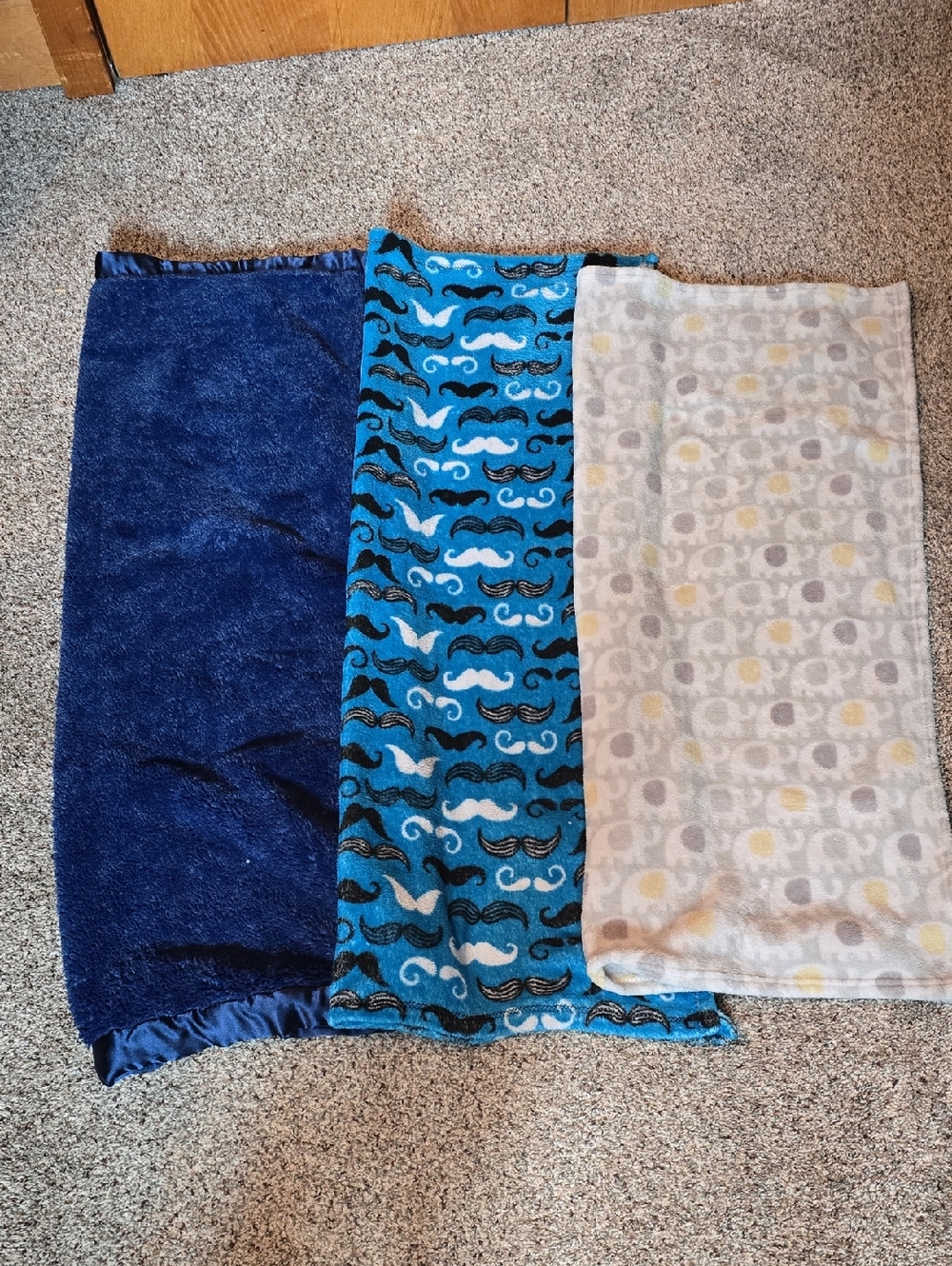 Set of 3 Soft Baby Blankets in Navy, Blue Mustache & Light Gray